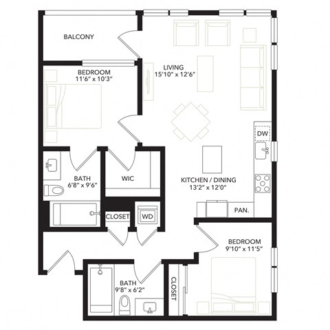 Floor plan for 2 beds, 2 baths, 976 sqft